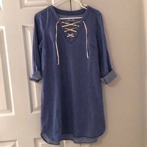 Denim dress with lace up detail